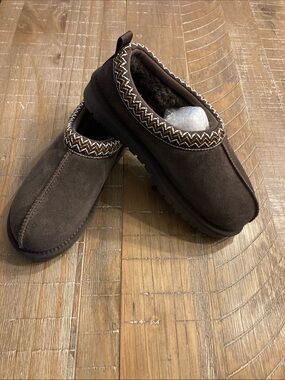 Brown Suede Cozy Slip-On Mules w/ braided trim size 5